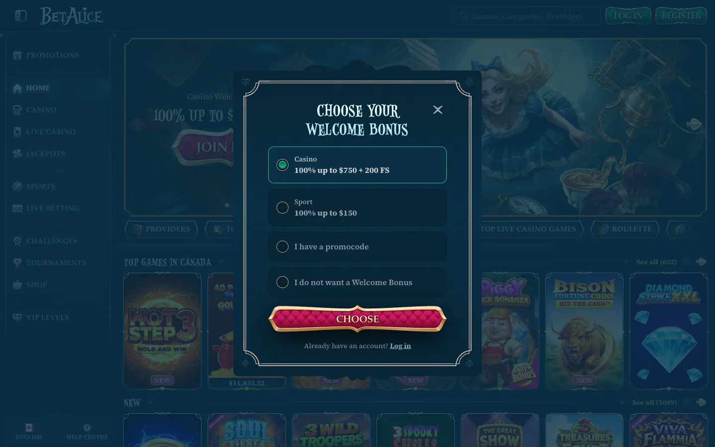 BetAlice Casino sign up form for Canada showing the registration fields including the account currency selector